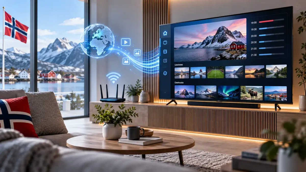 Moderne norsk stue med Smart TV, IPTV-grensesnitt og visuell illustrasjon av TV-innhold som leveres over internett